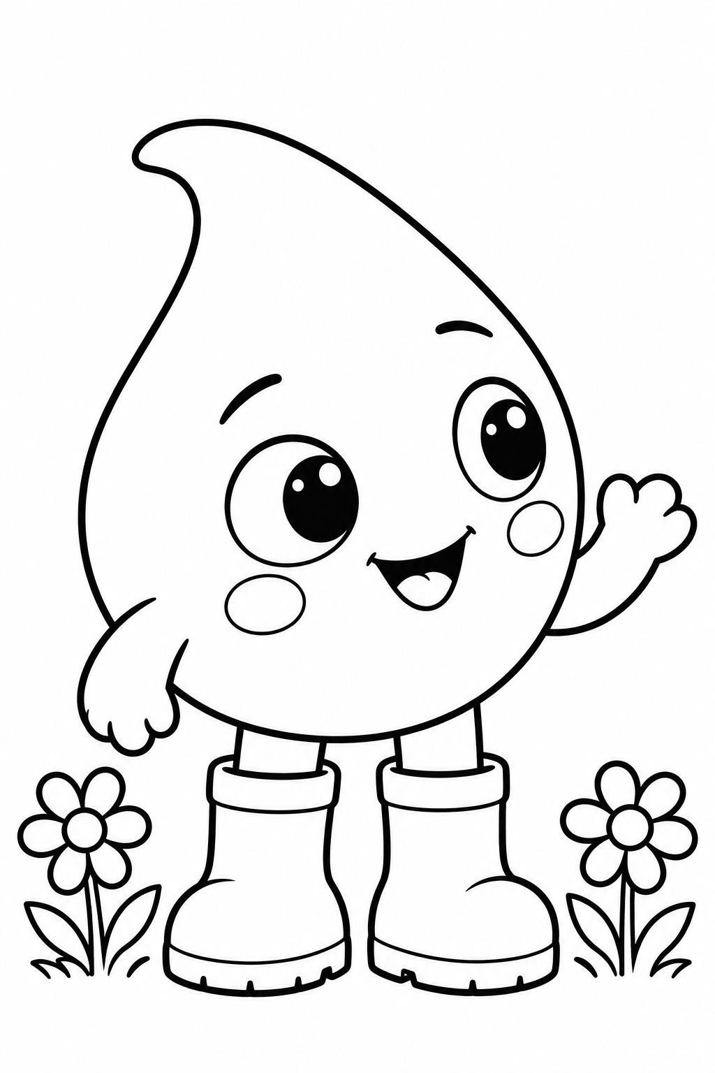 Desenho para colorir do Pingo, uma gotinha sorridente com botinhas, ao lado de duas flores